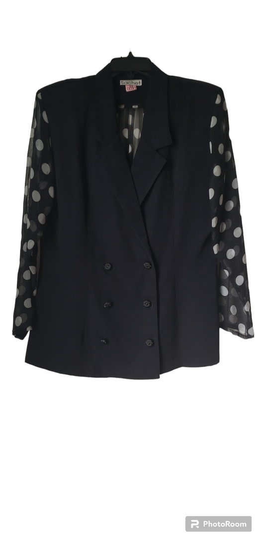 Vintage 90's Black and white Polka Dot blazer with sheer sleeves and back cutout insert.