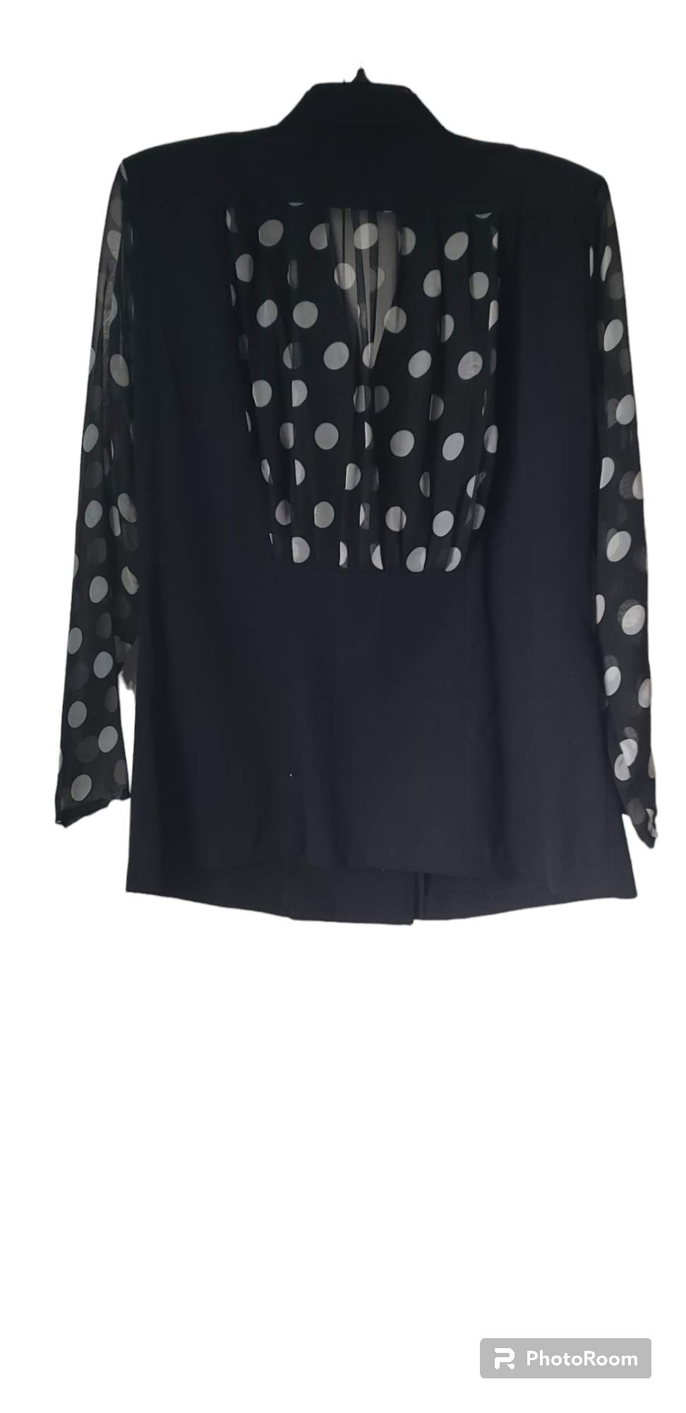 Vintage 90's Black and white Polka Dot blazer with sheer sleeves and back cutout insert.